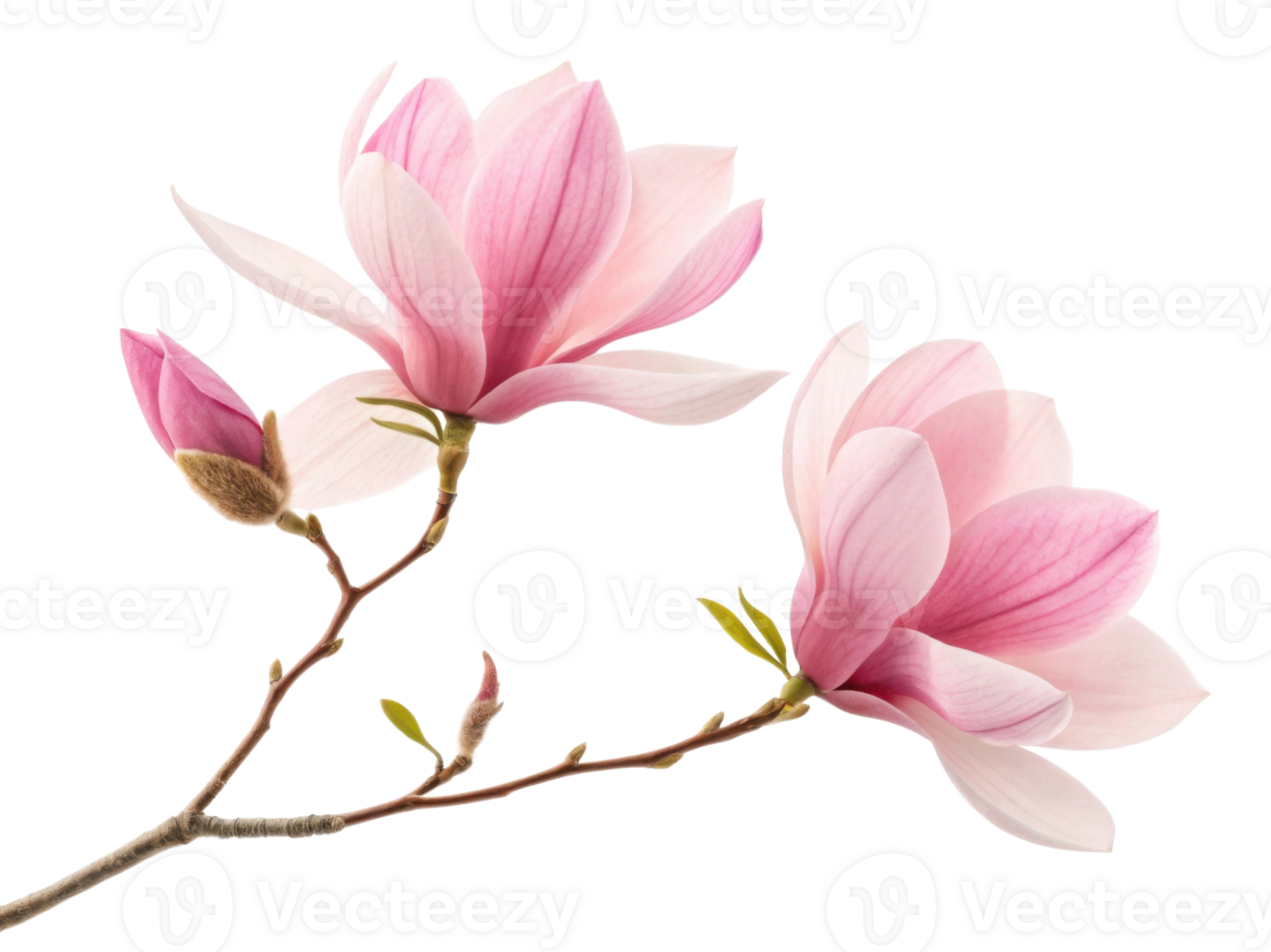 Magnolia flowers bloom beautifully with soft pink petals and delicate green leaves, creating serene and elegant display of nature artistry png