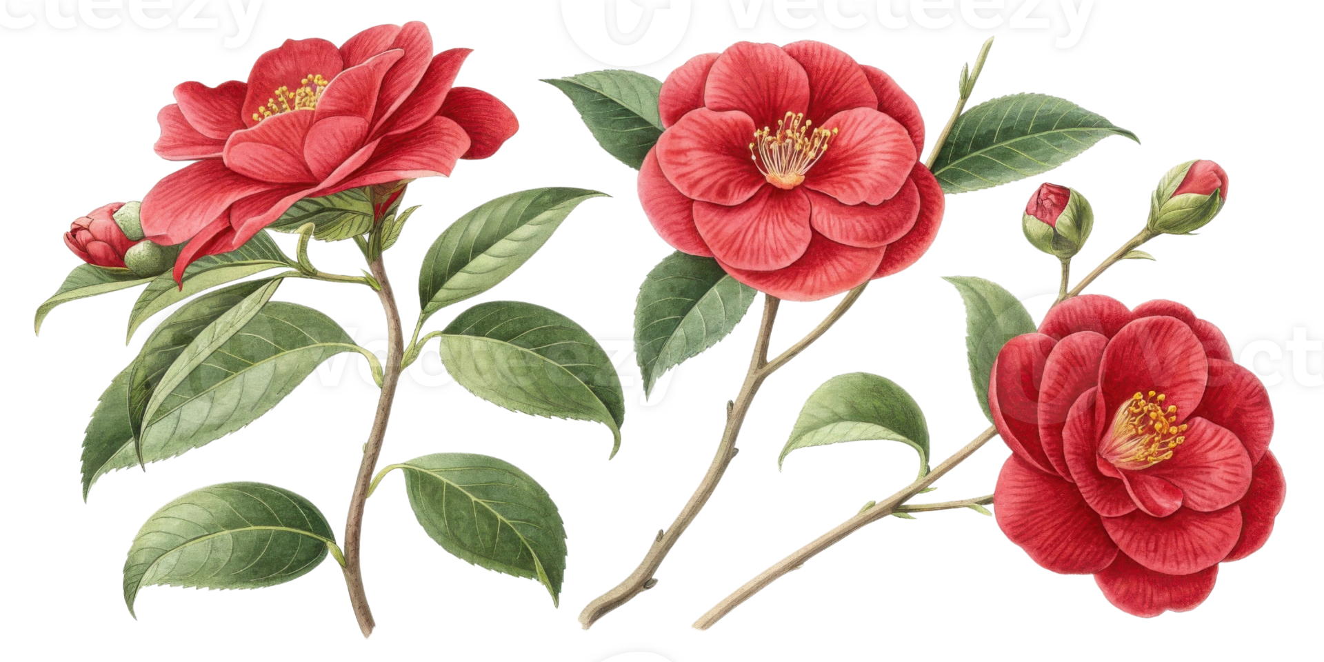 Beautiful camellia flowers bloom with vibrant red petals and lush green leaves, creating stunning display of nature artistry png