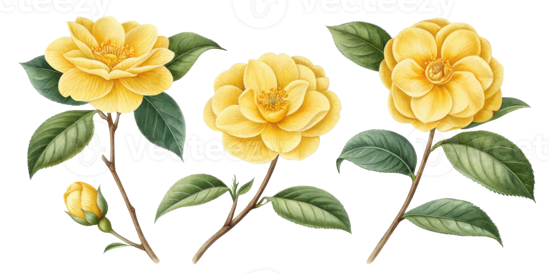 Beautiful camellia flowers in vibrant yellow hues showcase their delicate petals and lush green leaves, creating stunning floral display png