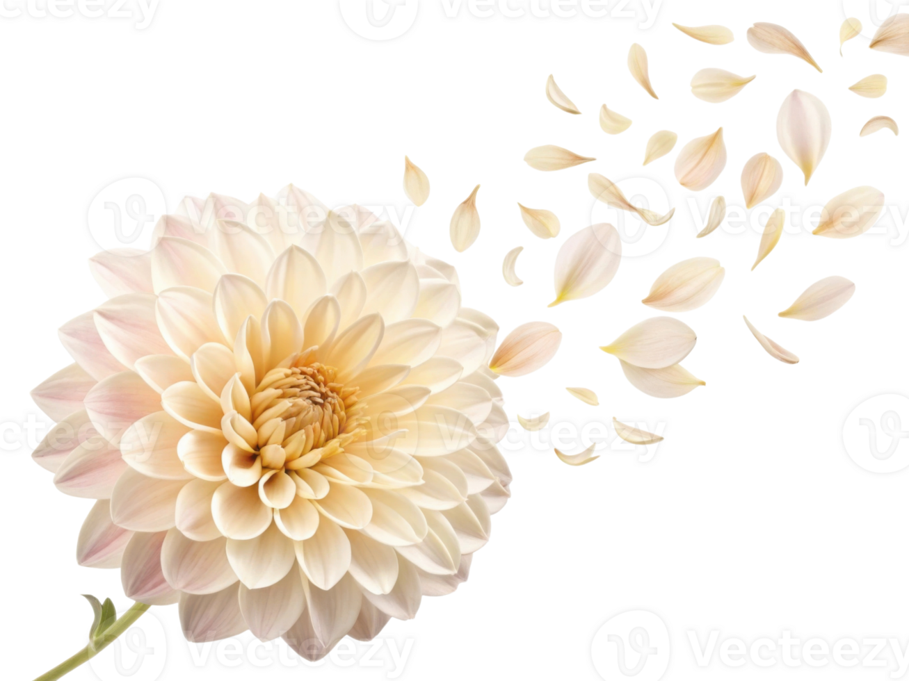 Delicate dahlia flower with soft petals gracefully dispersing, creating serene and beautiful scene of nature elegance png