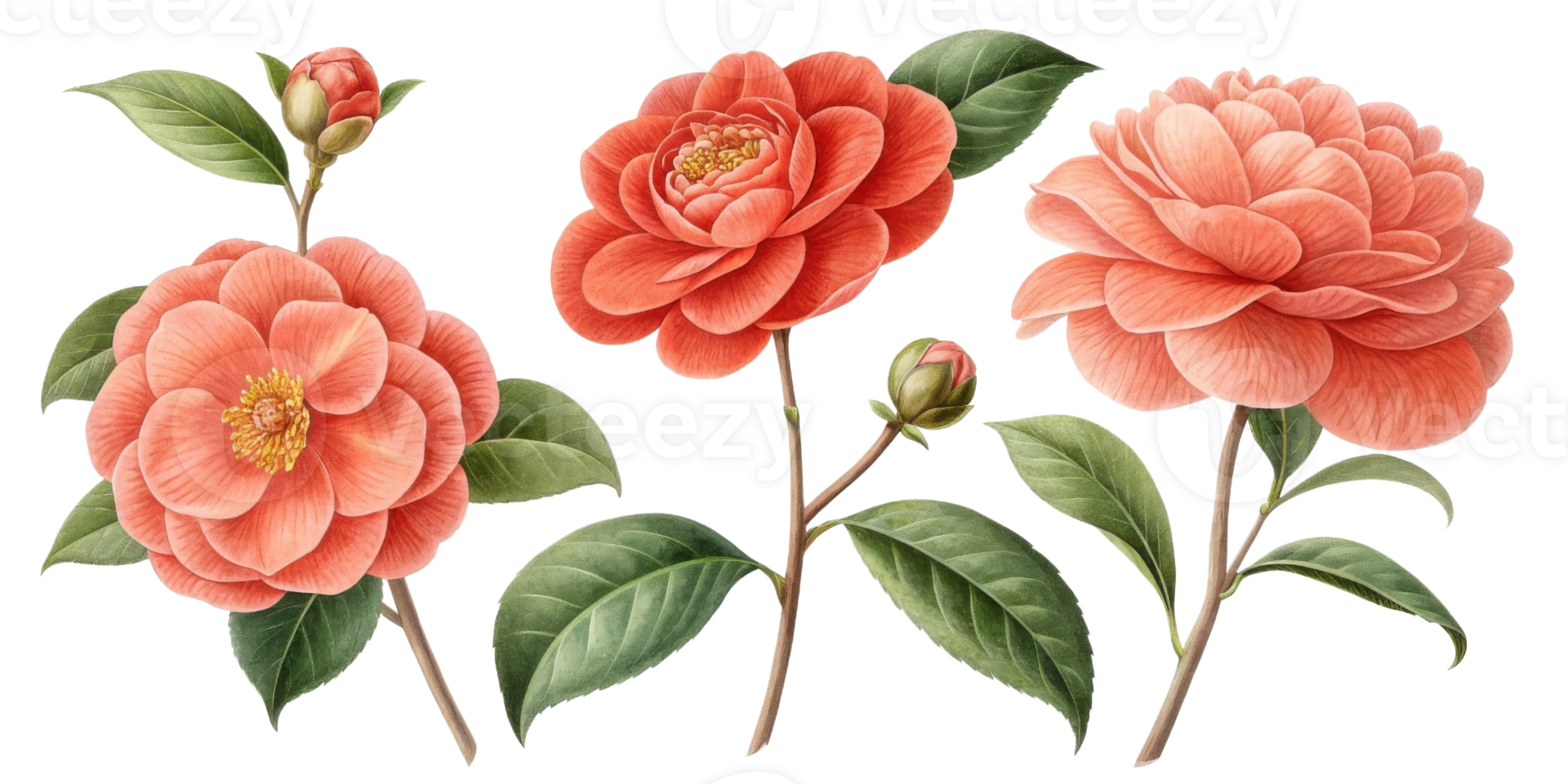Beautiful camellia flowers bloom vibrant shades, showcasing their delicate petals and lush green leaves, creating serene and elegant atmosphere png