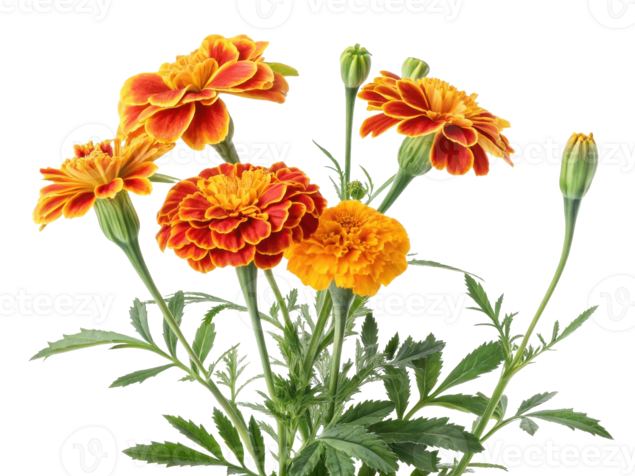 Vibrant marigold flowers bloom in shades of orange and yellow, showcasing their beauty and charm in delightful arrangement png
