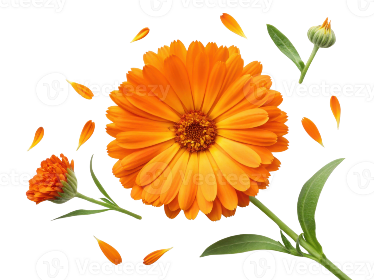 vibrant marigold flower showcases its bright orange petals surrounded by delicate petals, creating cheerful and lively atmosphere png