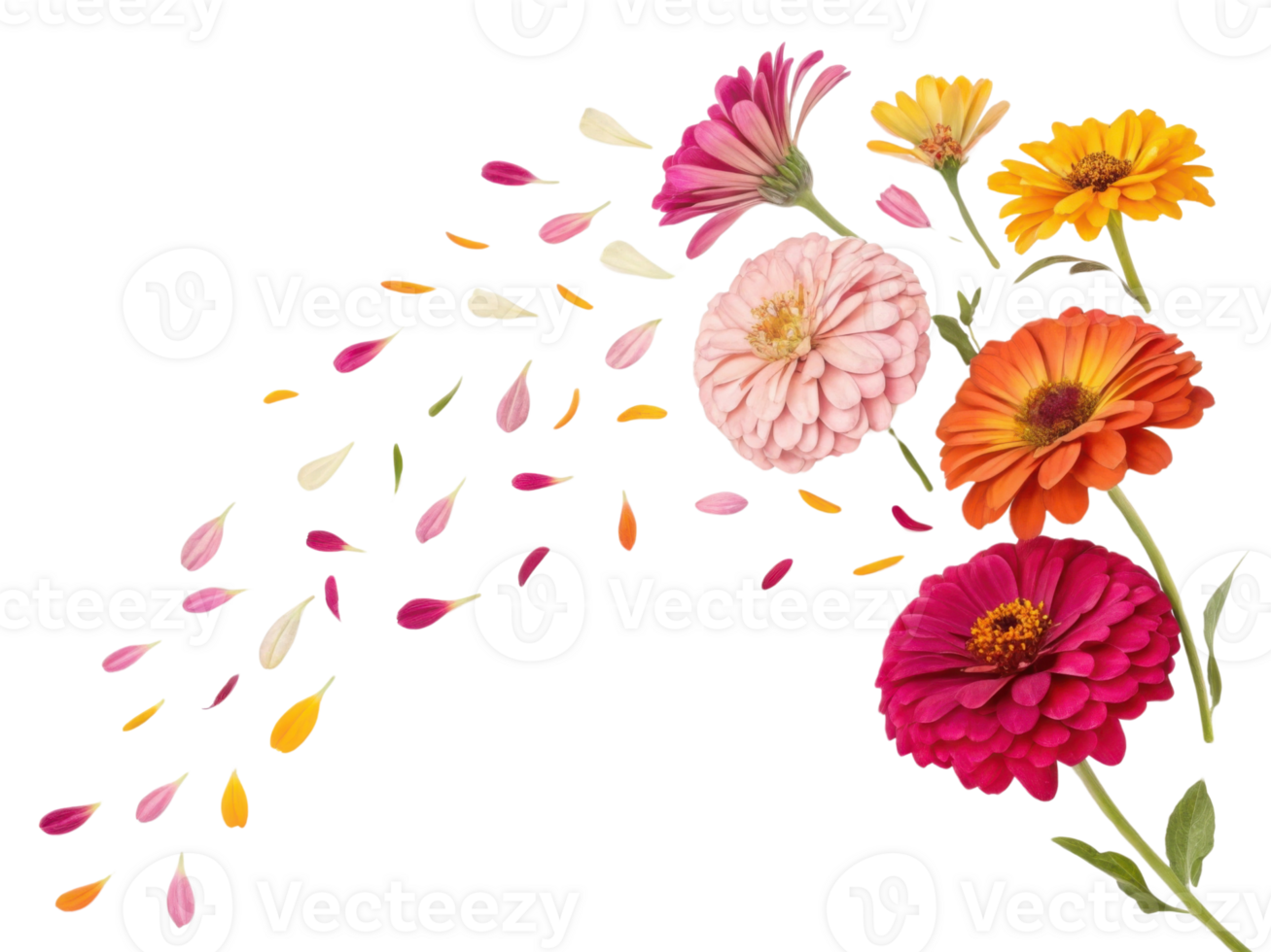 Zinnias bloom in vibrant colors creating beautiful floral display with petals gracefully falling around them png