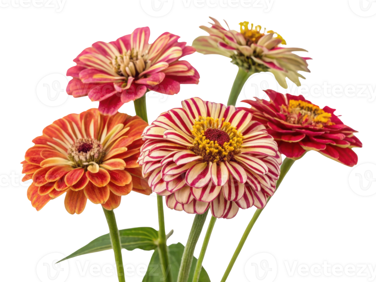 Vibrant zinnia flowers showcase beautiful array of colors and patterns, creating stunning floral display that brightens any space png