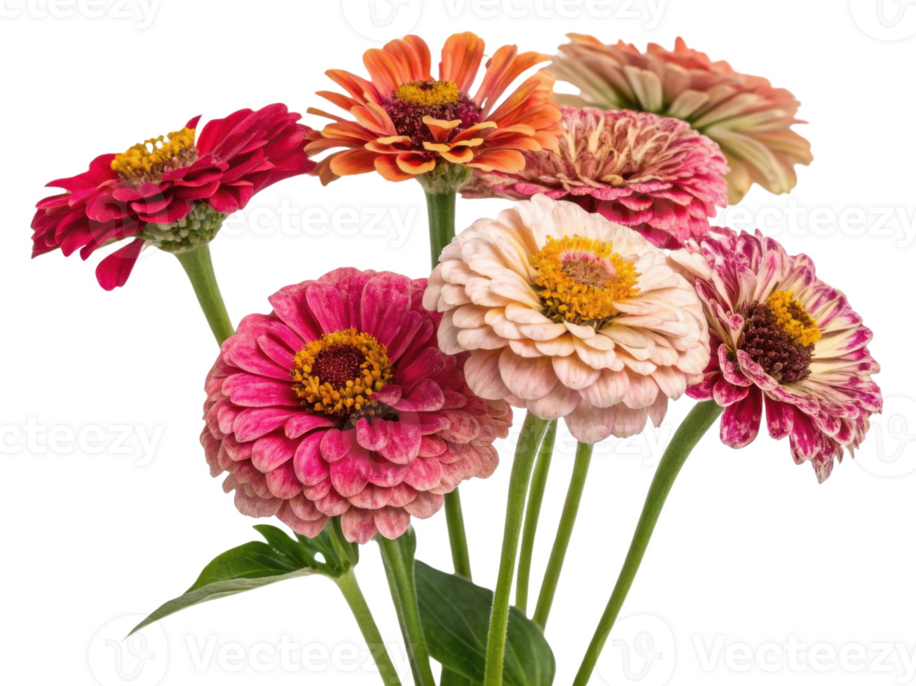 Beautiful zinnia flowers in vibrant colors create stunning bouquet that brightens any space with their charm and elegance png