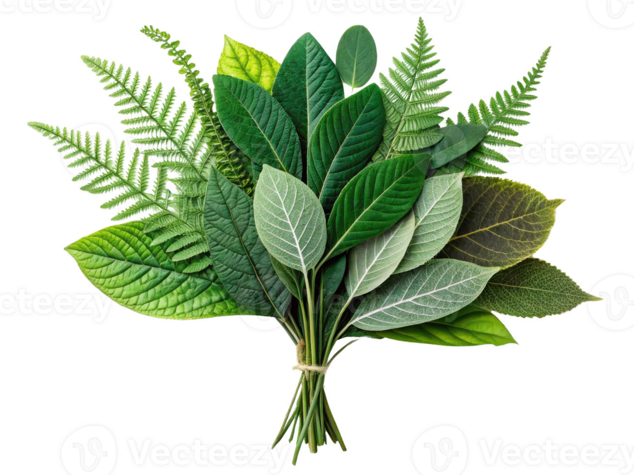 vibrant bouquet of various green leaves, showcasing different shapes and textures, perfect for nature themed designs png
