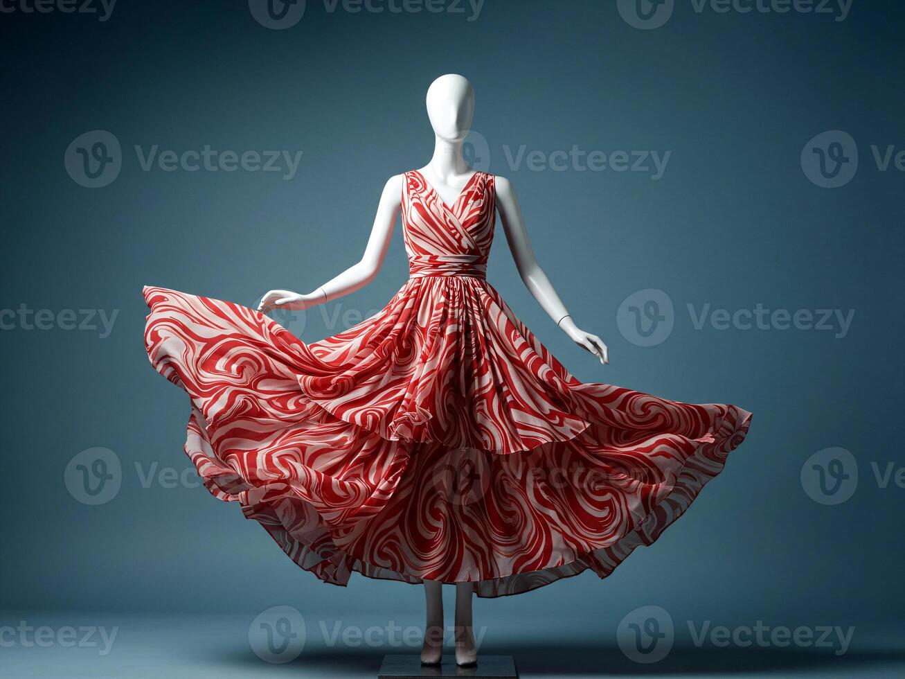 Elegant red and white patterned flowing dress on a mannequin with a striking visual contrast photo