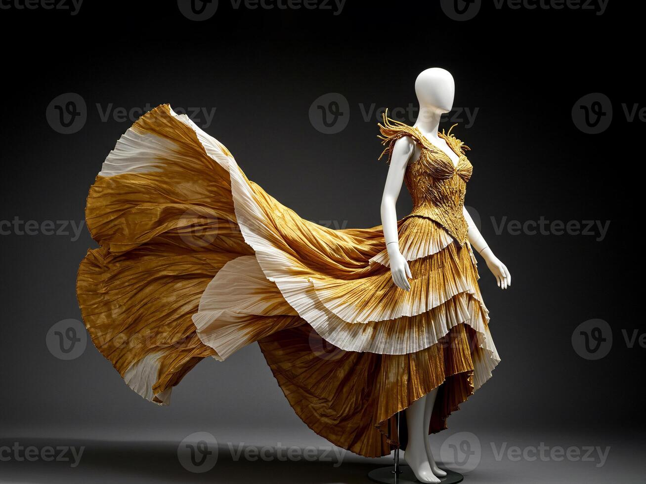 Elegant gold and white pleated gown on mannequin with intricate details and a sophisticated design photo