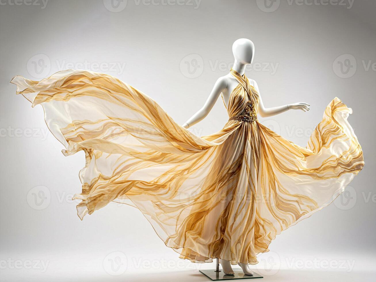 Elegant gold silk gown on mannequin with shimmering fabric and a regal flowing silhouette photo