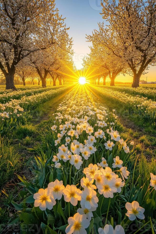 Sunrise over blossoming flowers in a tranquil orchard photo
