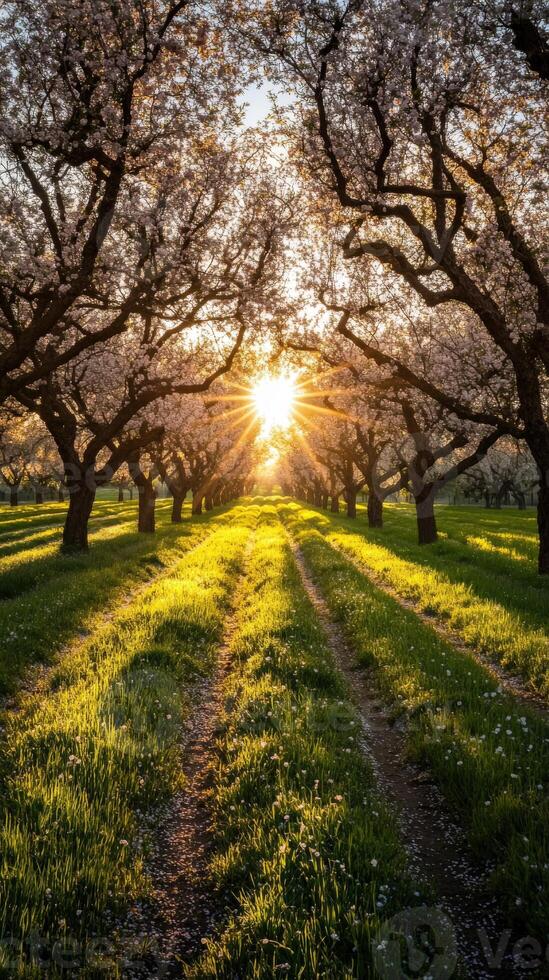 Blossoming orchard at sunrise with vibrant sunlight photo