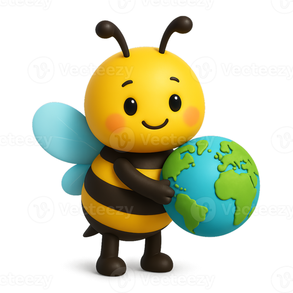 Cute 3D Cartoon Bee Holding Earth with Cheerful Expression png