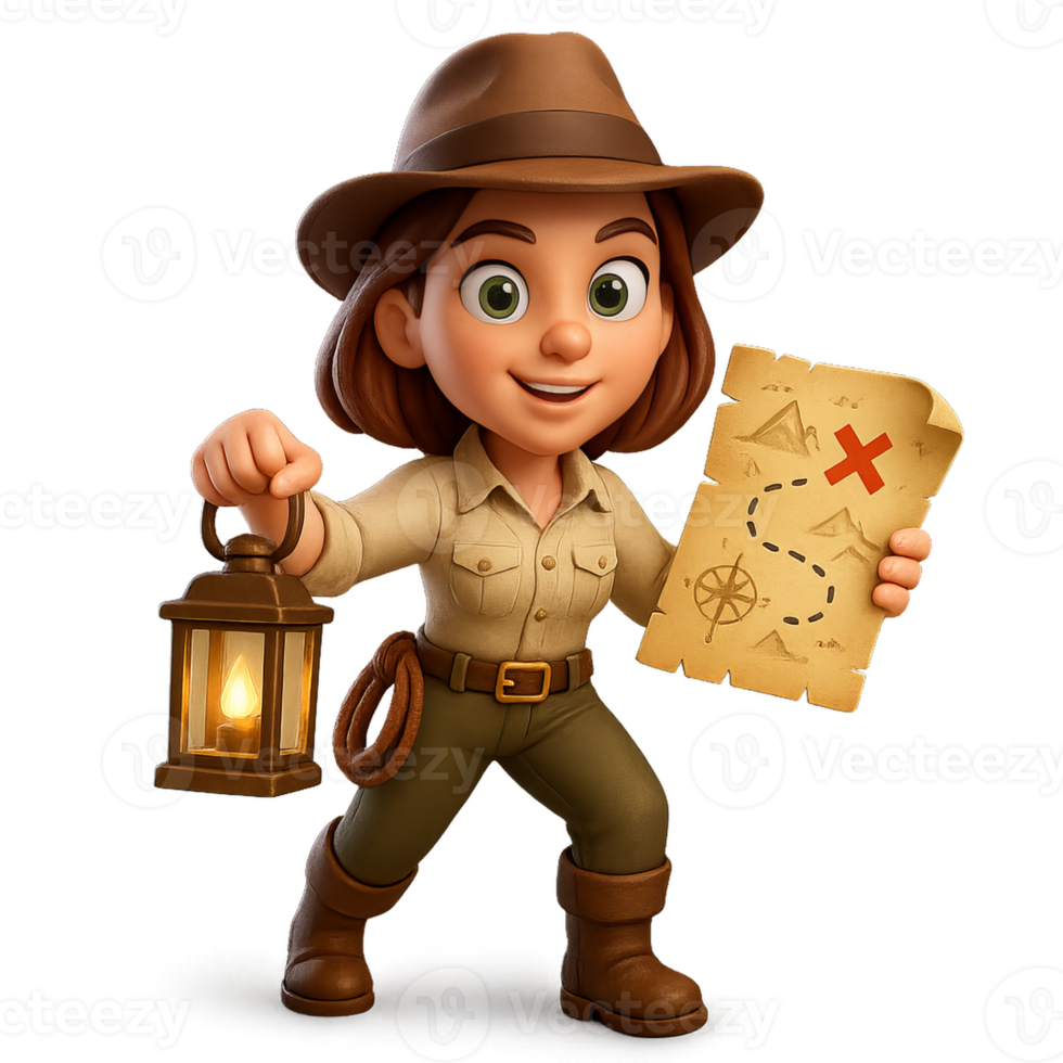 Cartoon Adventurer with Treasure Map and Lantern in 3D Style png