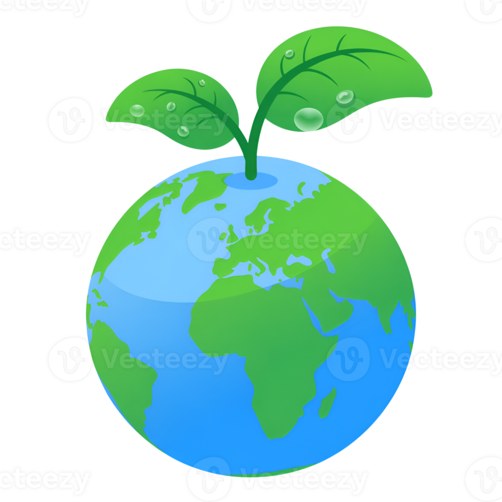 Earth globe with sprout leaves, a symbol of environmental conservation and growth png