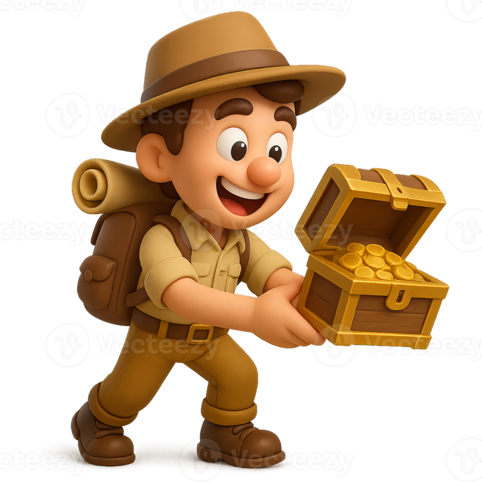 Cartoon Character with Treasure Chest on a Fun Adventure Quest png