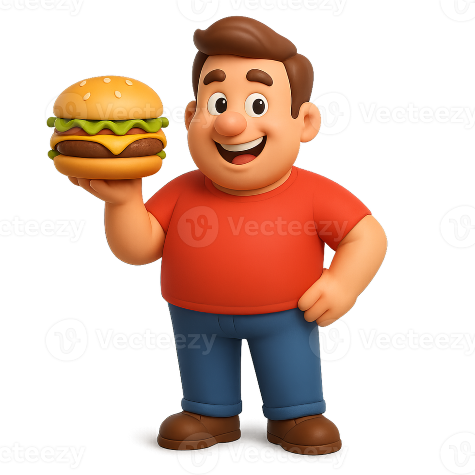 Friendly 3D Character Holding Delicious Burger with Happy Expression png