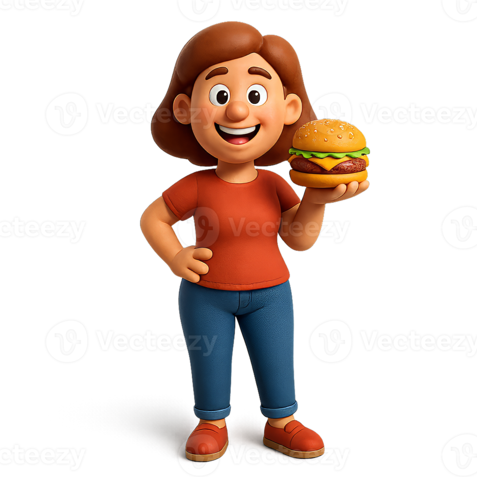 3D Animated Woman Holding a Burger with a Joyful Expression png