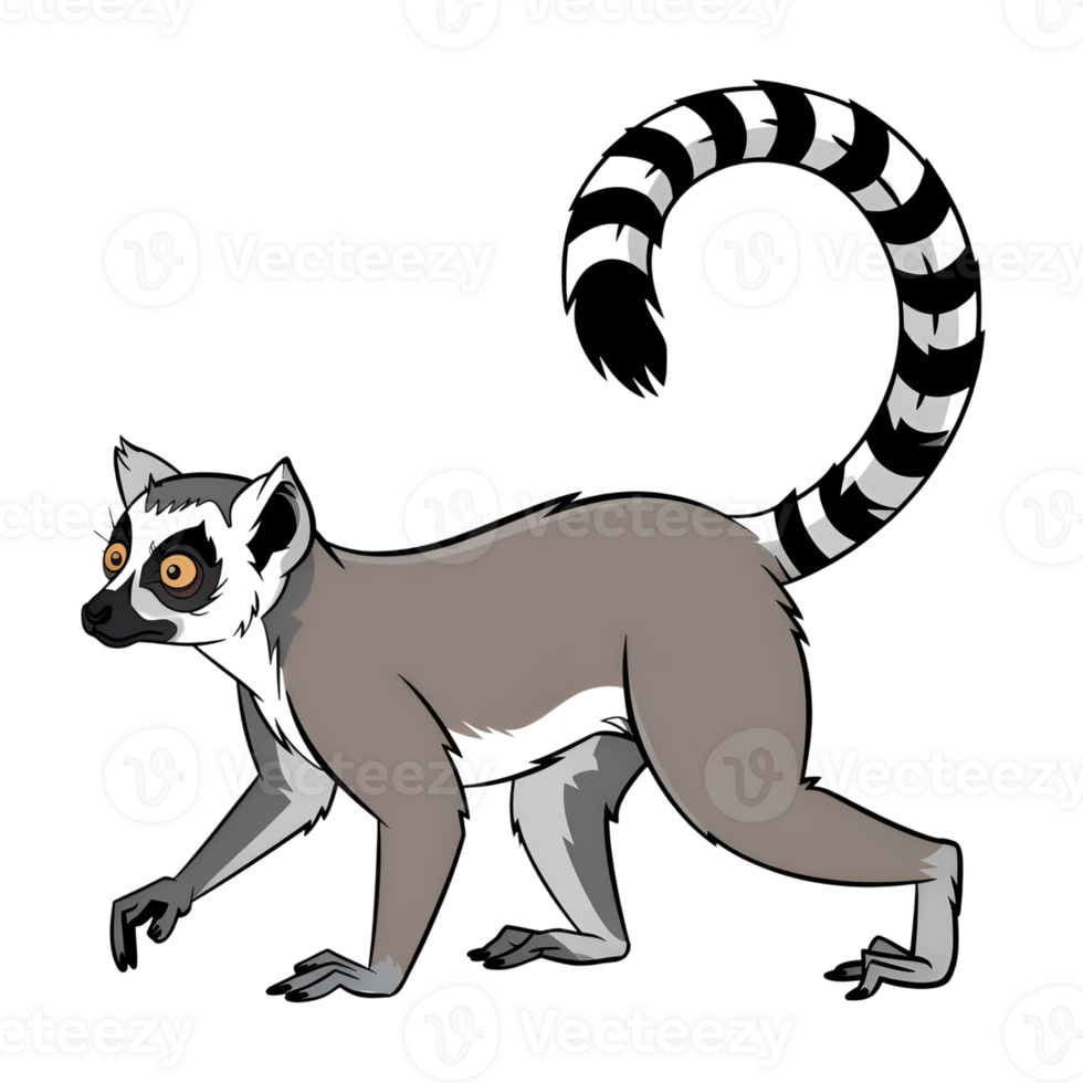 Ring tailed lemur illustration with a gray body and striped tail on transparent png