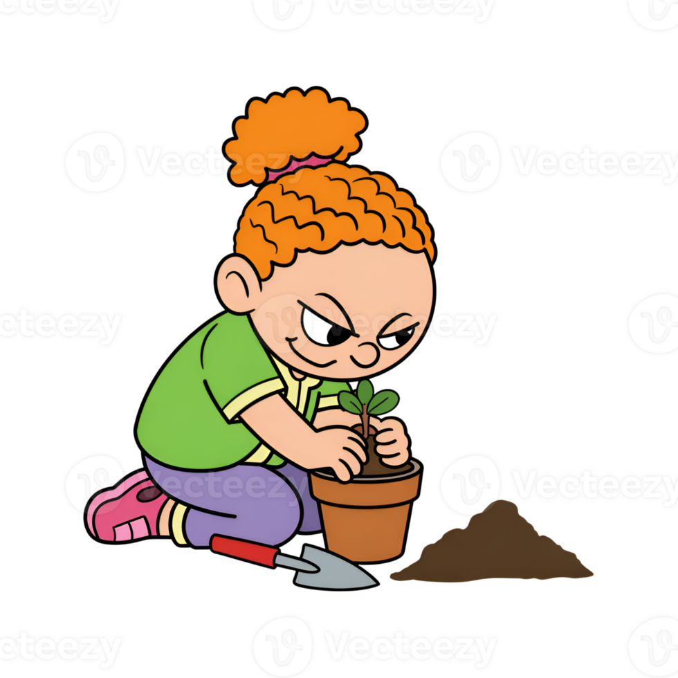 Cartoon girl planting seedling in pot with shovel and soil on transparent background png