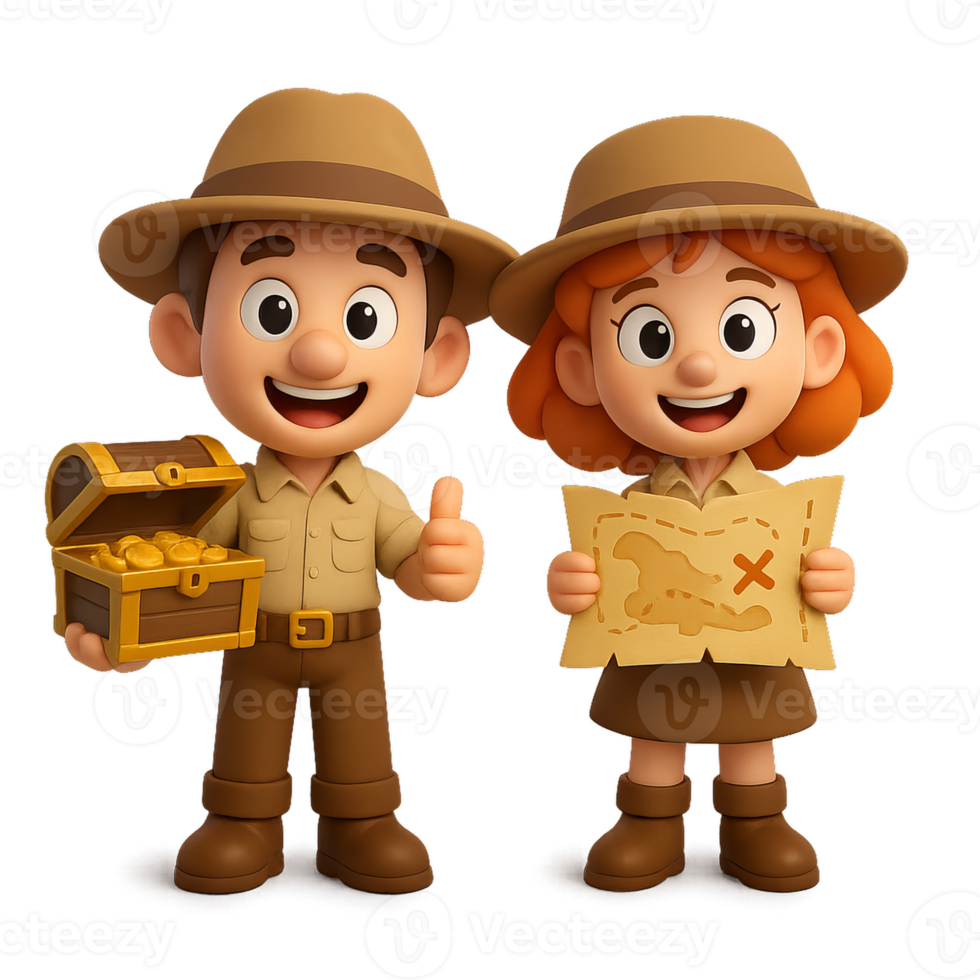 Cartoon Treasure Hunters Excited with Map and Gold Chest Adventure png