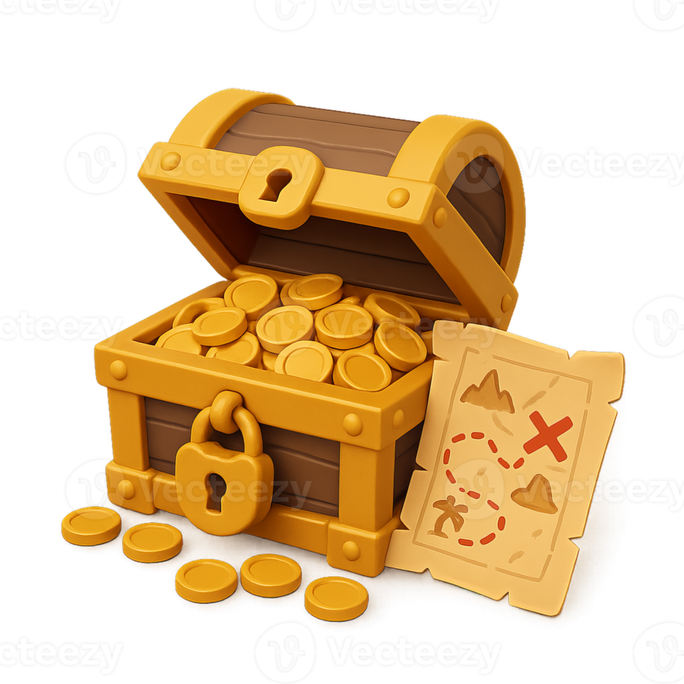 3D Treasure Chest with Coins and Treasure Map in Simple Design png
