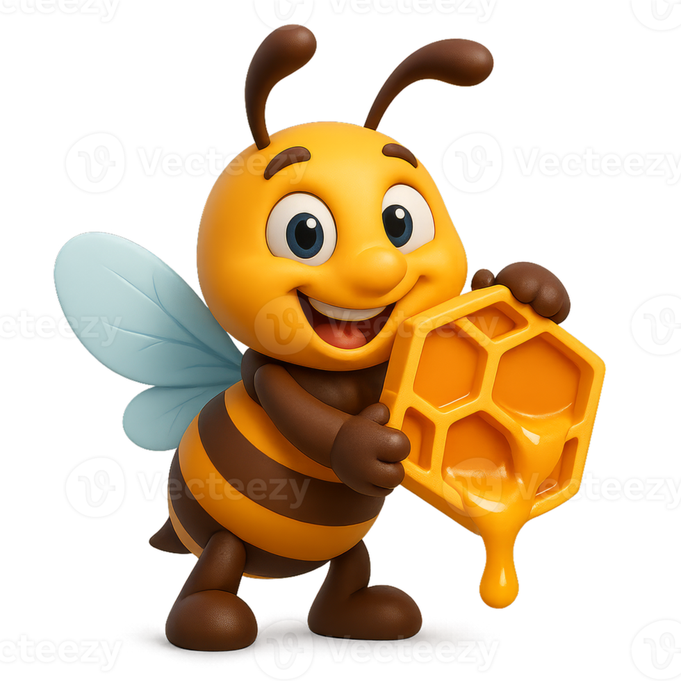 Cheerful Cartoon Bee Holding Honeycomb with Dripping Honey png