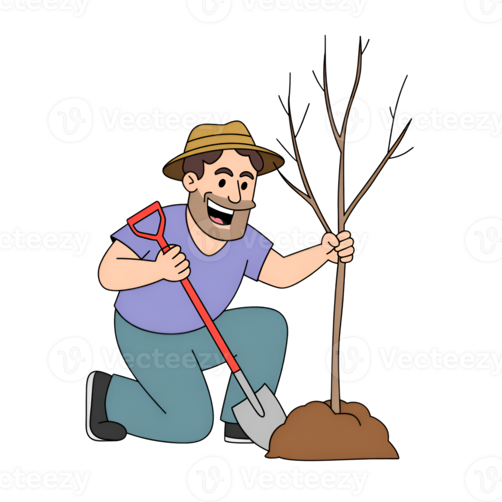 Man planting tree seedling with shovel in soil, wearing hat and smiling cartoon style png