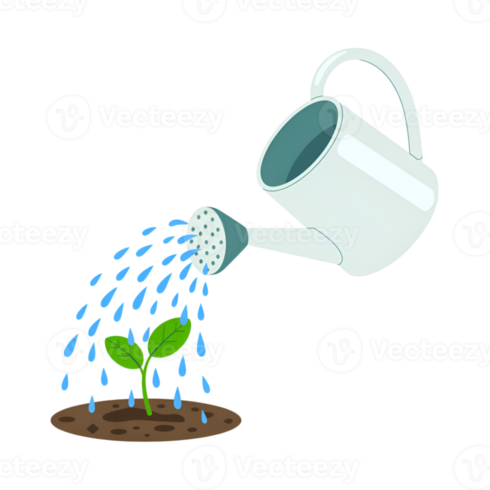 Watering can irrigating a small plant growing in soil illustration isolated png