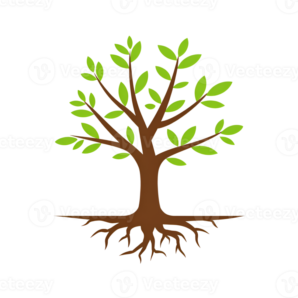 Tree illustration with green leaves and roots on a simple graphic design png
