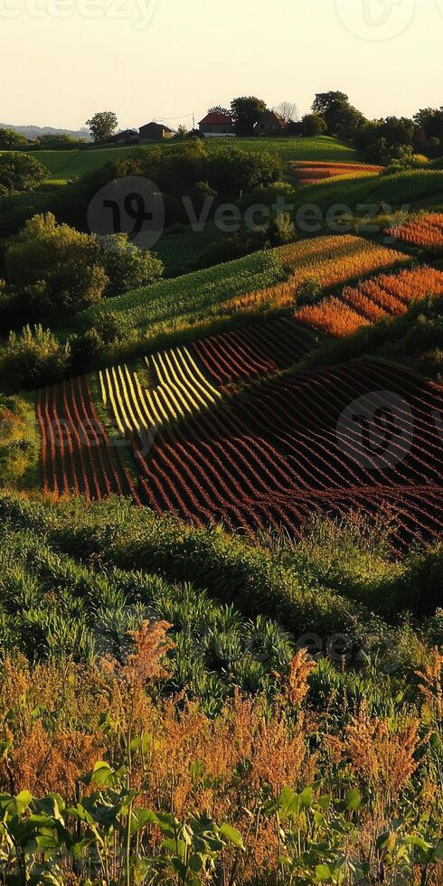 Colorful agricultural landscape at sunset in rural area photo