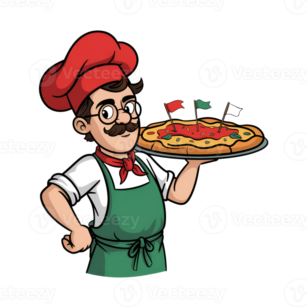 Pizza chef holding a pizza with flags on a platter cartoon illustration on transparent background png
