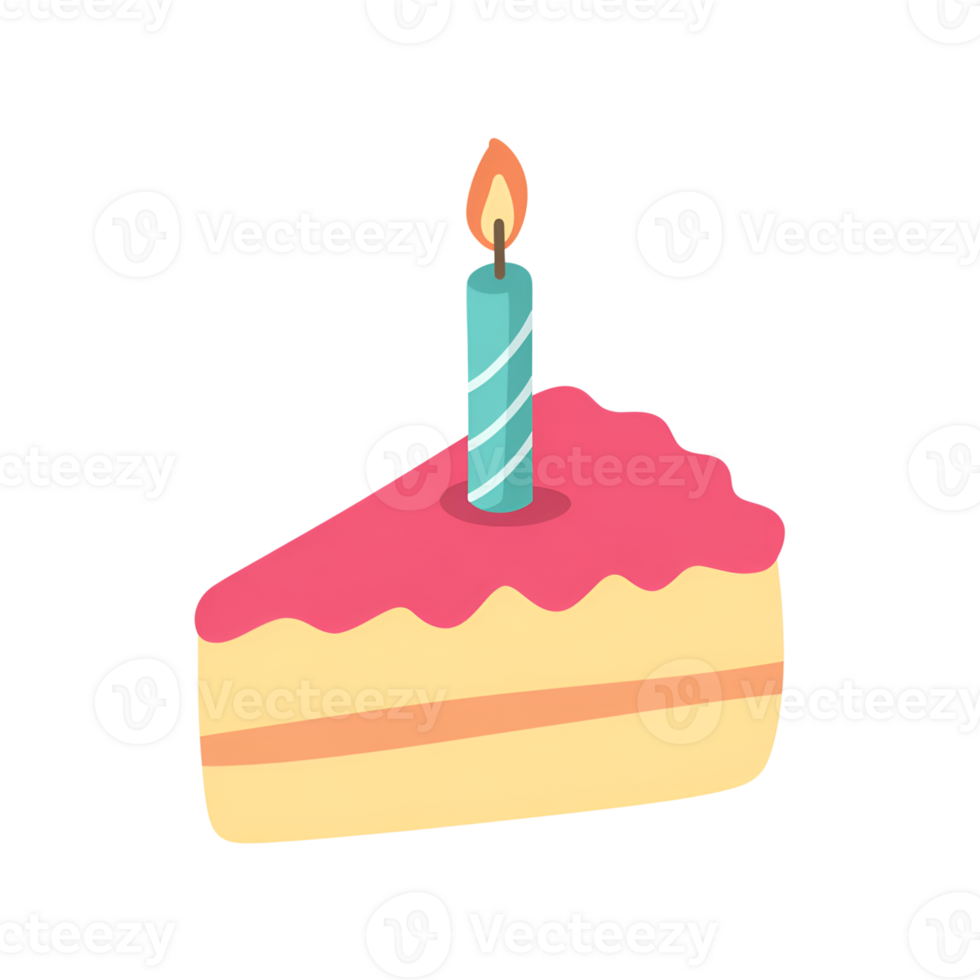 Cake slice with a lit candle, pink frosting, and yellow cake on a on transparent background png