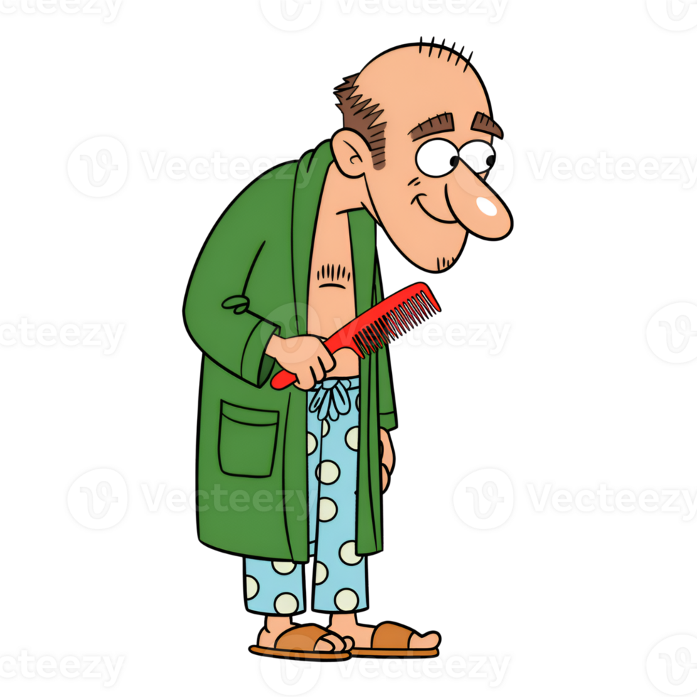 Cartoon man in robe holding comb, bald head, sunglasses, pajama pants character illustration on transparent background png