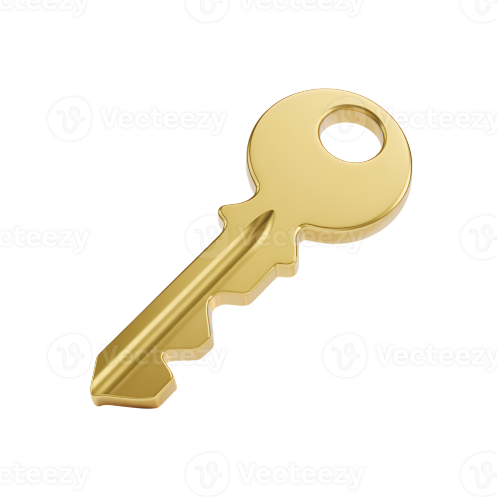 Golden key isolated on , security and access concept, 3d render on transparent background png