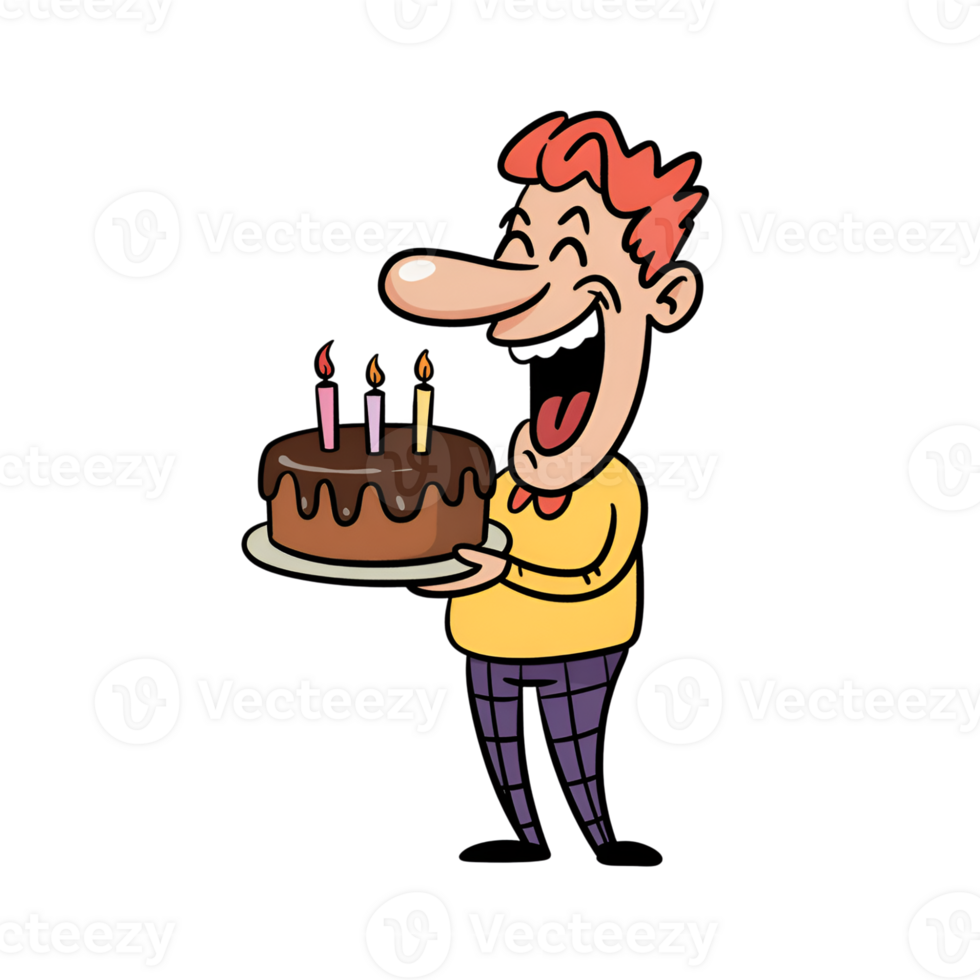Cartoon man holding birthday cake with candles lit on isolated on transparent background png