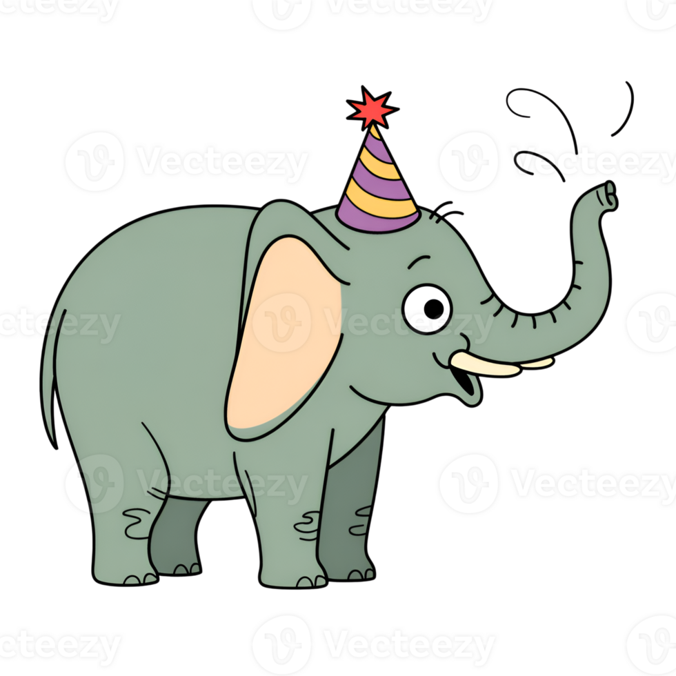 Cartoon elephant wearing party hat with confetti celebrating on a on transparent background png