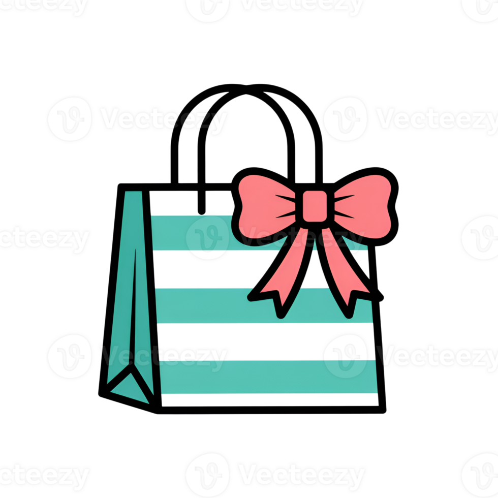 Shopping bag with pink bow, striped design, gift bag, illustration, isolated on on transparent background png