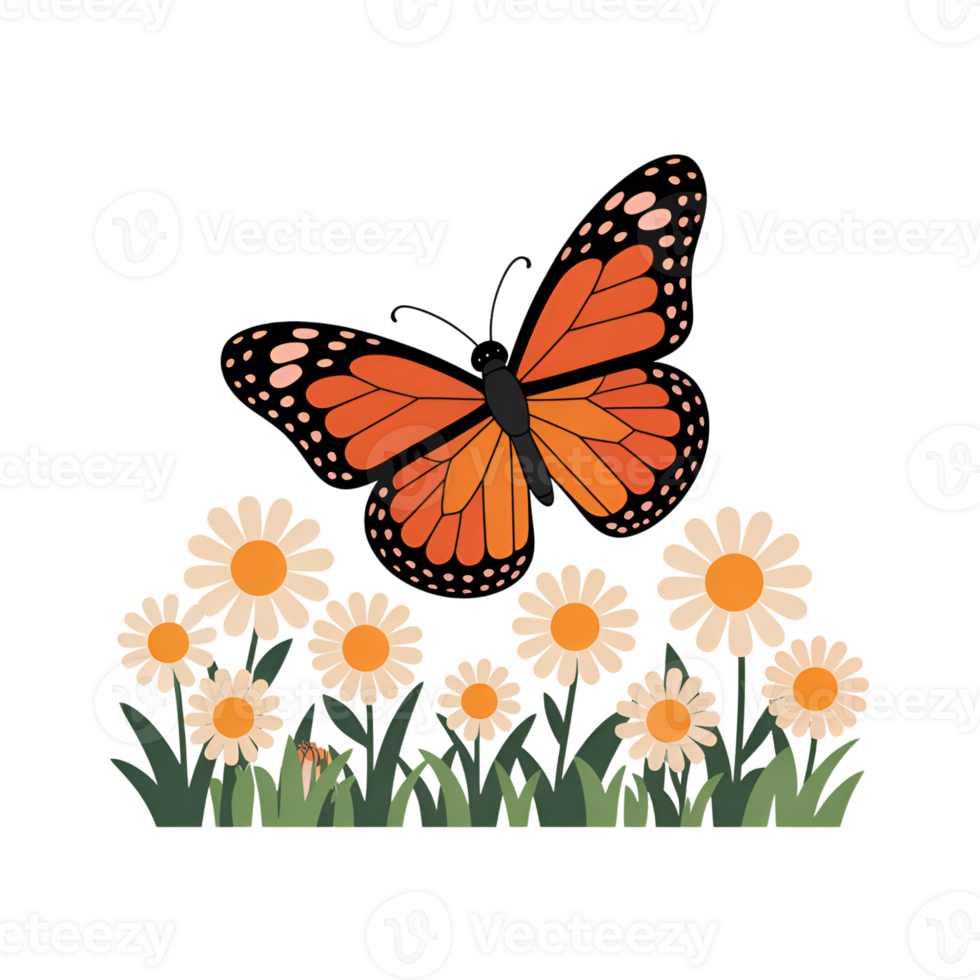 Butterfly monarch on daisies illustration design graphic element art on transparent background png
