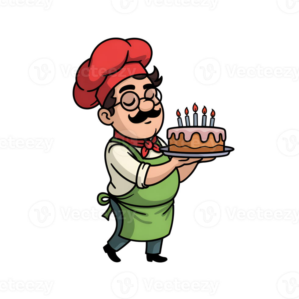 Chef cartoon holding cake with candles on plate isolated on on transparent background png