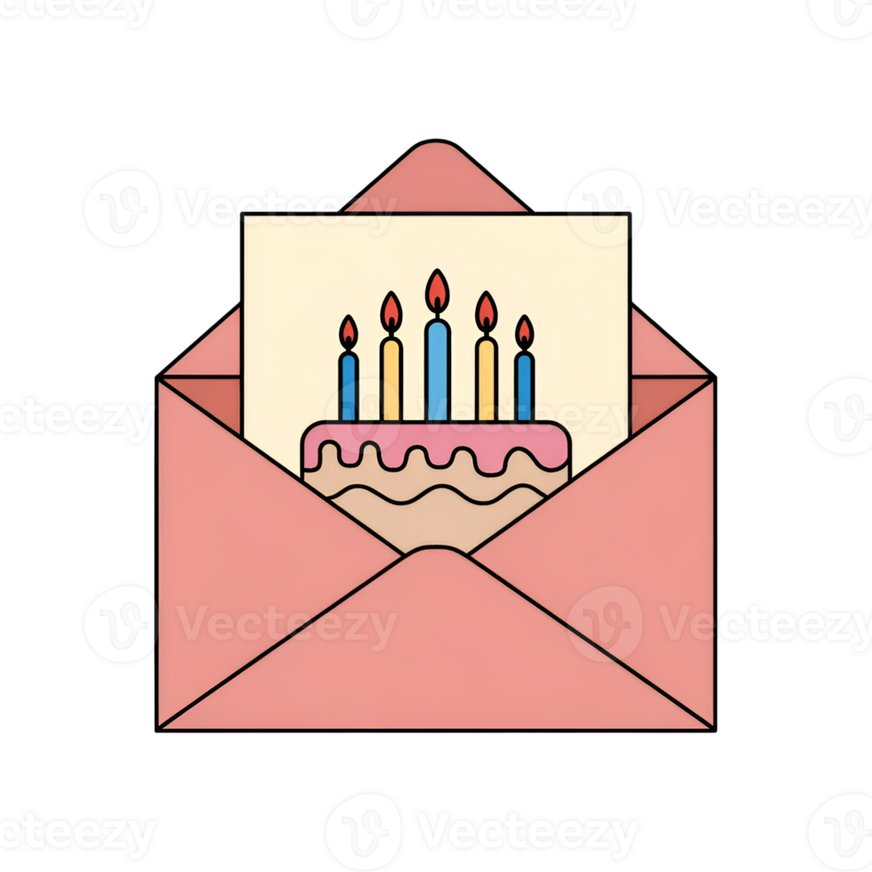 Birthday cake card in envelope with candles illustration party celebration on transparent background png