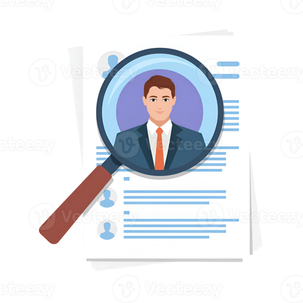 Resume review with magnifying glass showing candidate in suit and tie on paper on transparent background png