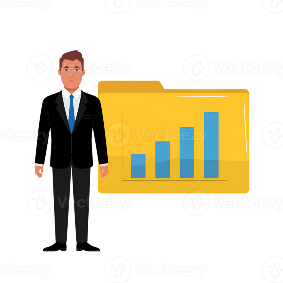 Business man with graph in folder for data analysis and presentation concept on transparent background png