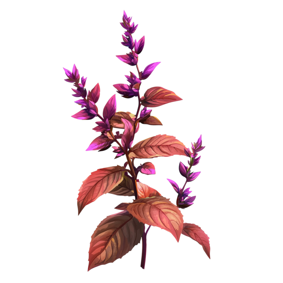 Purple flower sprig with dark leaves. png