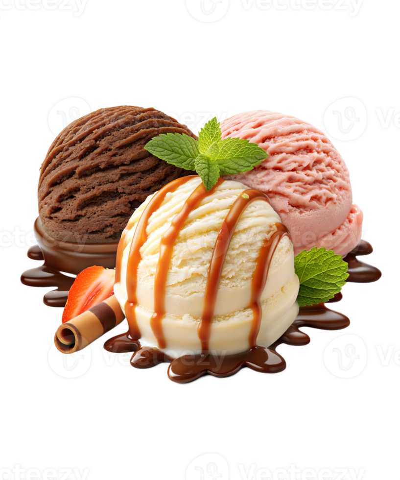 Indulgent Scoops Chocolate, Vanilla, and Caramel Fantasy png