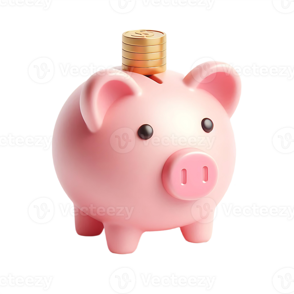 A pink piggy bank with coins on top png