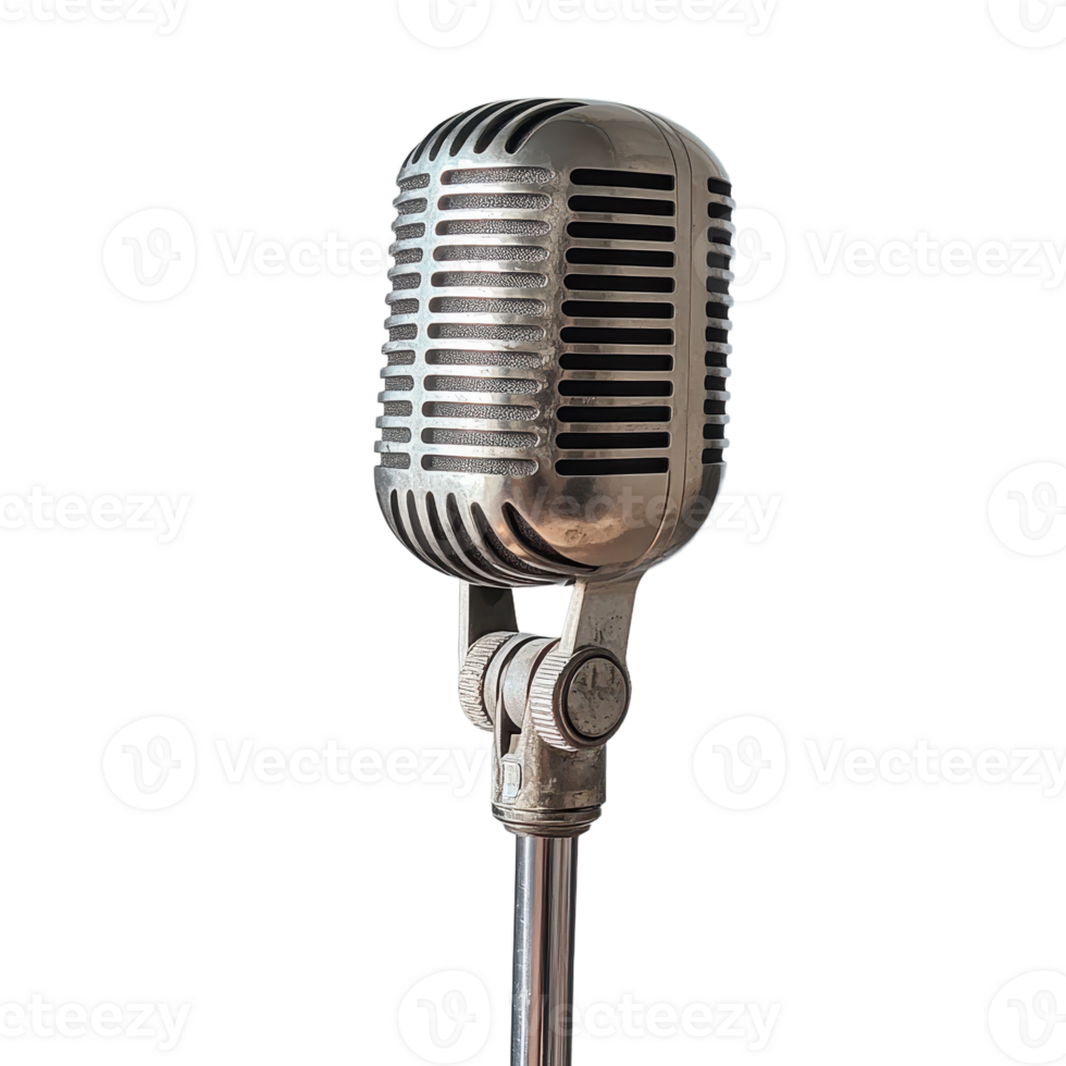 Vintage Microphone A classic silver microphone against a perfect for studio recordings and retro themed events png
