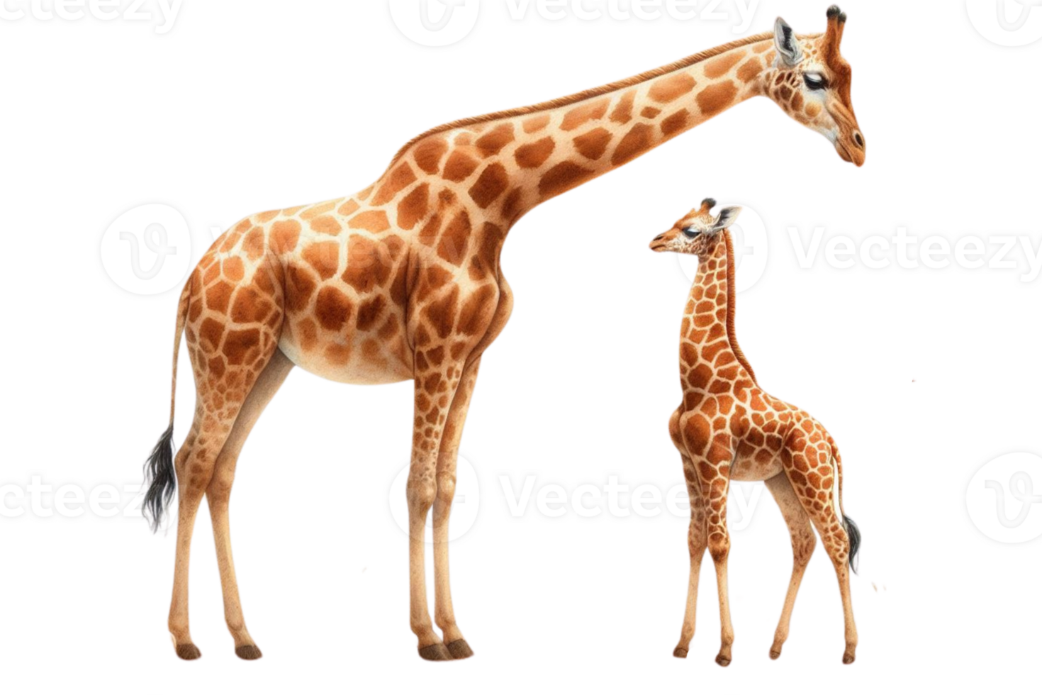 Watercolor illustration of a cartoon giraffe family on transparent background png