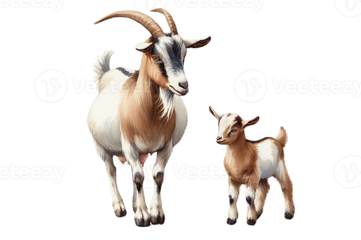 Watercolor illustration of goat and baby goat on transparent background png
