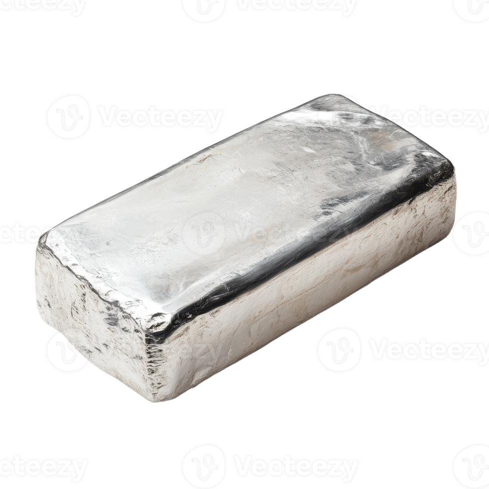 A polished silver ingot reflecting light emphasizing its texture and purity against a stark transparent backdrop Polished metal bar png